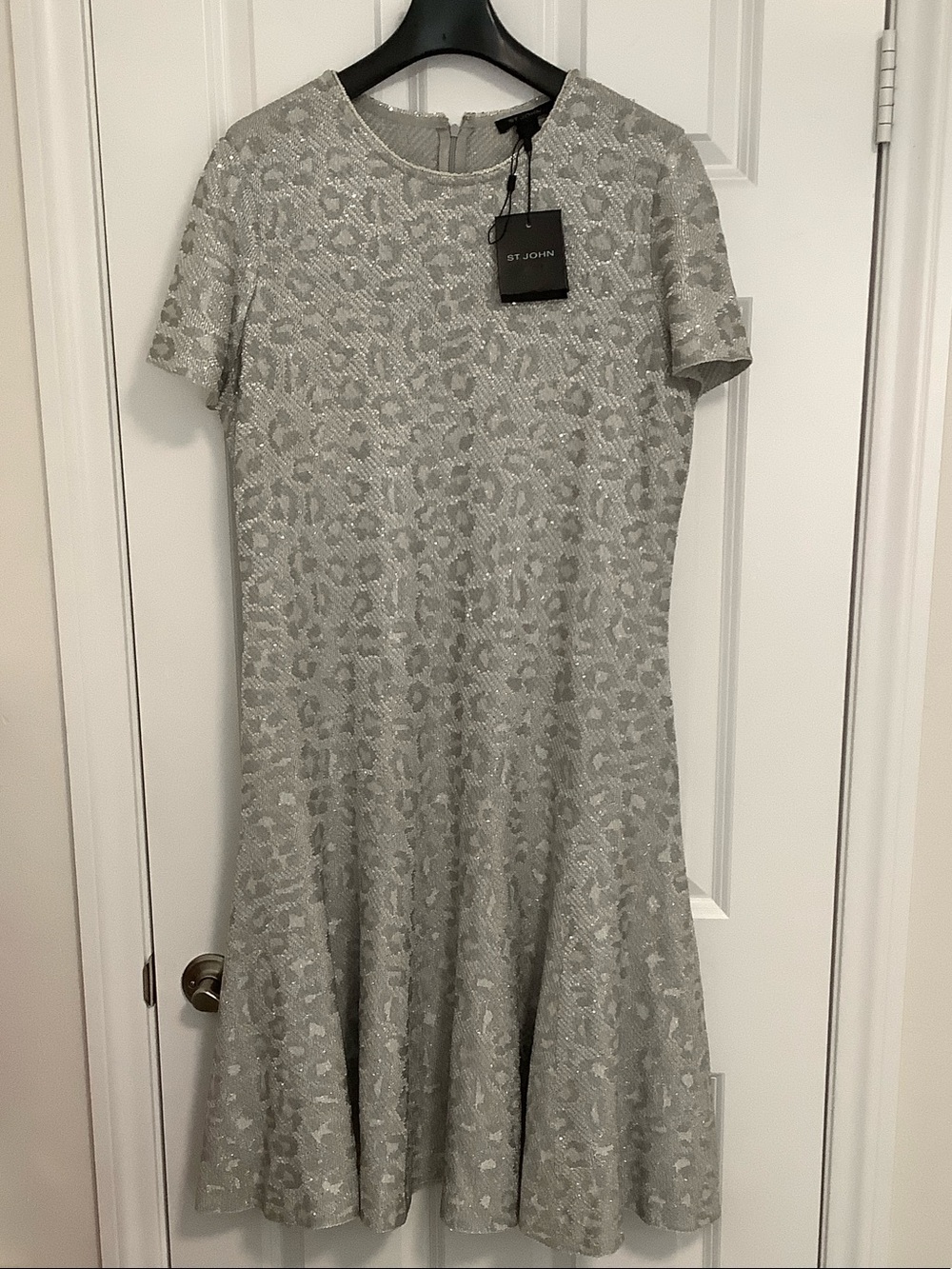 St. John Silver Metallic Sequined Animal Print  Fit-and-Flare Dress - Picture 2 of 13